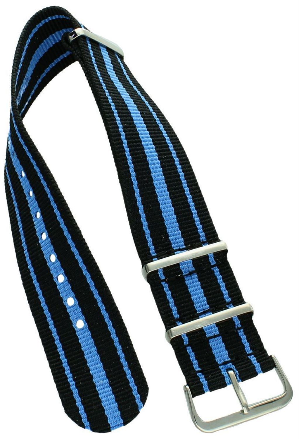 Pasek do zegarka NATO 001 w kolorze czarnym i niebieskim. Nylonowy, parciany, długość 27 cm, szerokość mocowania 24 mm. Idealny do większych zegarków sportowych i casualowych.2.jpg